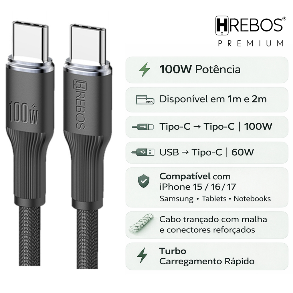 Cabo Tipo C 100W Trançado | Compatível com iPhone 15 16 17 | Samsung | Notebook e Tablet | 1m 2m 3m