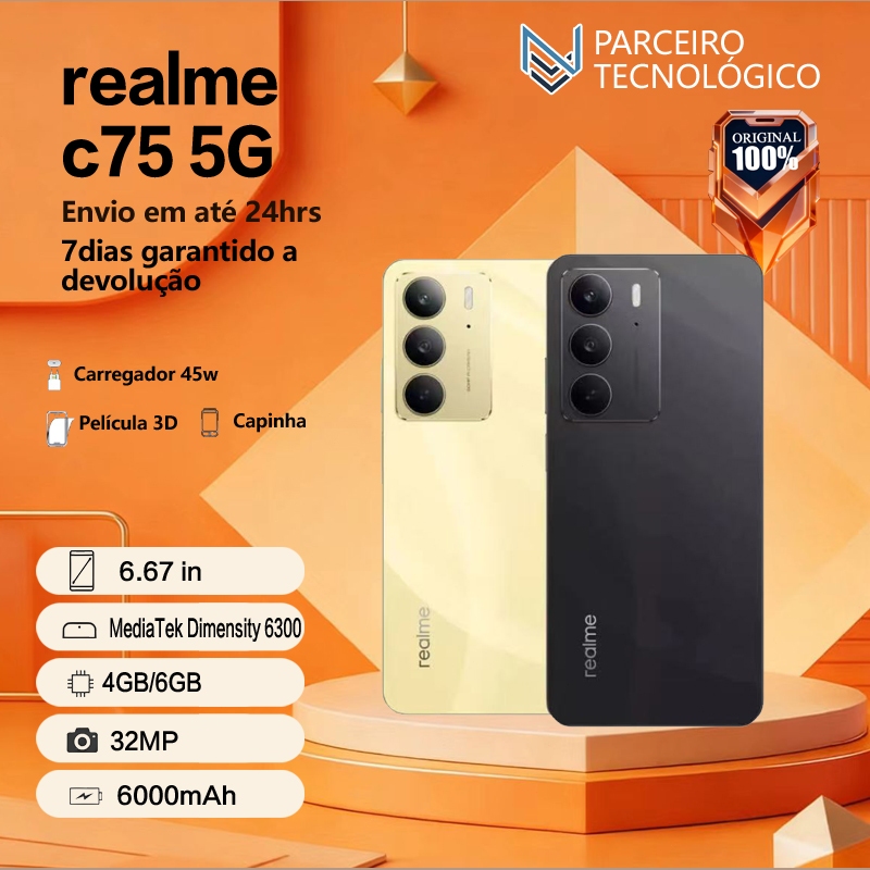 Smartphone Realme C75 5G NFC 256 IP69 à Prova d’Água Bateria 5828mAh Câmera 50MP Robusto