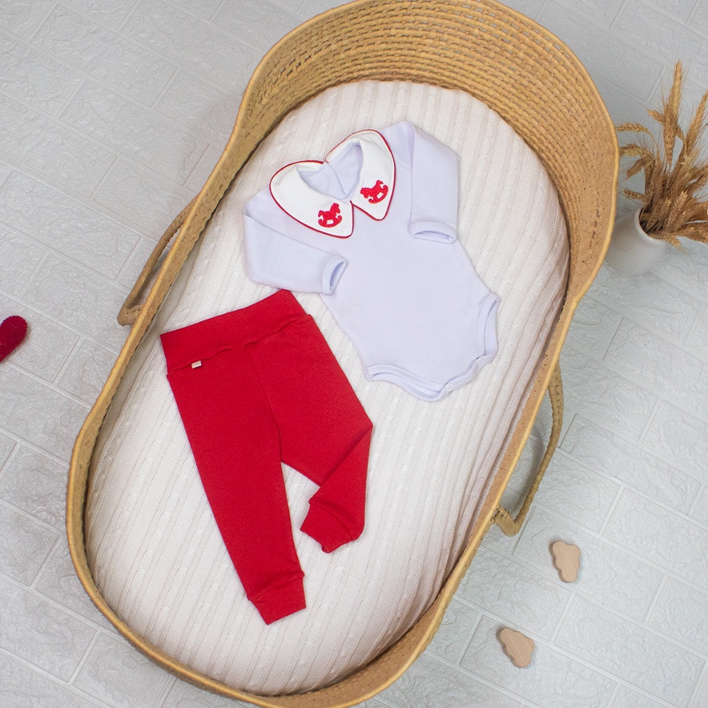 Conjunto Infantil Bebê Body Social e Mijão Unissex Estampado Cavalinho Gola Bordada Luxo