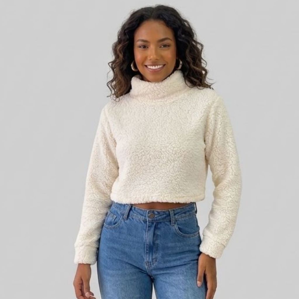 Casaco Teddy Feminino Peludo Quentinho Blusa de Frio Cropped Gola Alta Inverno Ted Forrado Curto