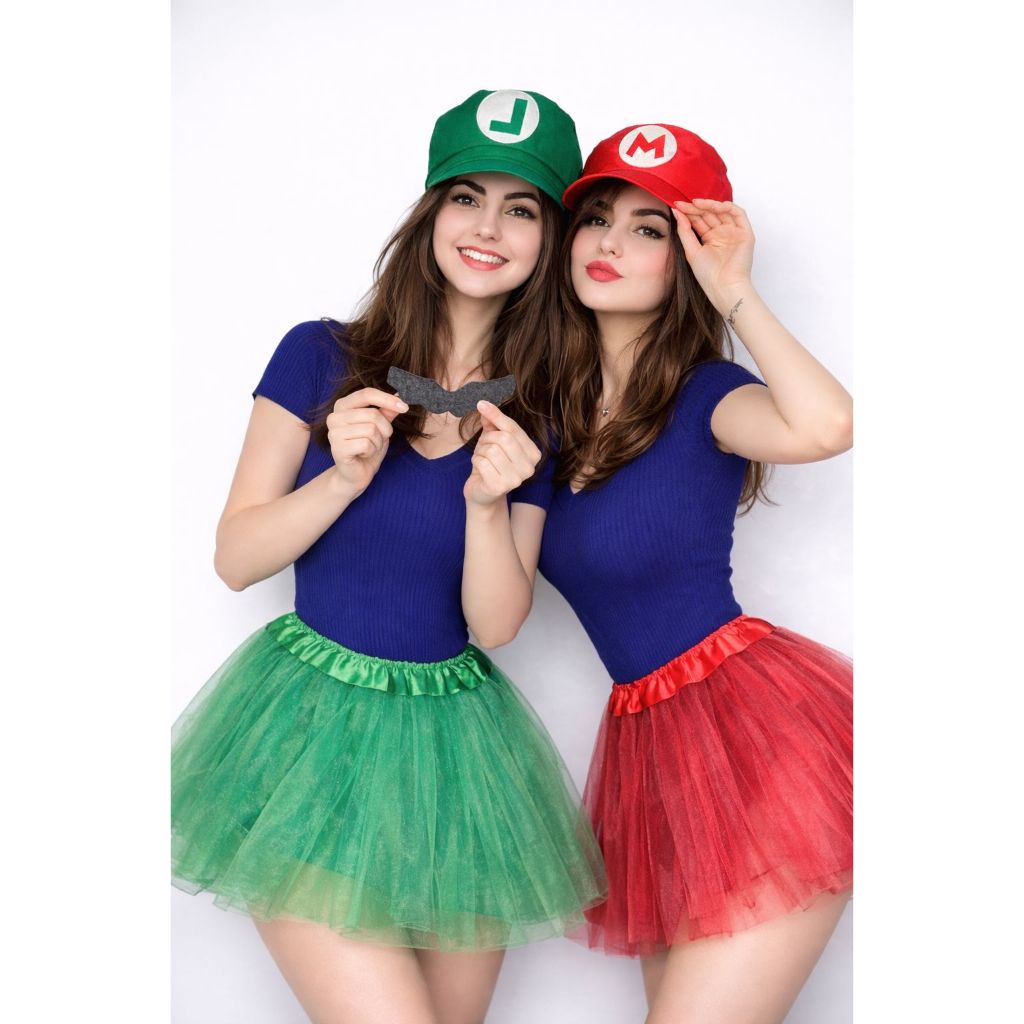 KIT Fantasia Super Mario + Luigi 4 ITENS /Quepe Mario Bros + Quepe Luigi + Saia Vermelha + Saia Verde de tule / Carnaval em Oferta na Shopee