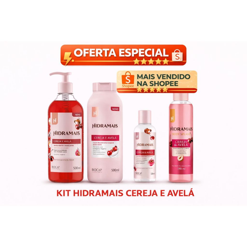 BANHO E CORPO - CEREJA E AVELÃ  - SABONETE + HIDRATANTE + OLEO + BODY SPLASH