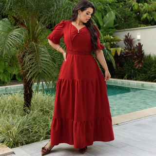 Vestido Longo Feminino Crepe Larissa: Marias, Decote, Princesa, Botões Madrepérolas Moda Evangélica em Oferta na Shopee