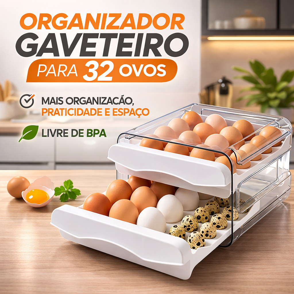 Organizador De Ovos Gaveteiro Duplo Para Geladeira Cozinha Dispenser 32 Ovos Prático Porta Ovos Empilhável Acrílico