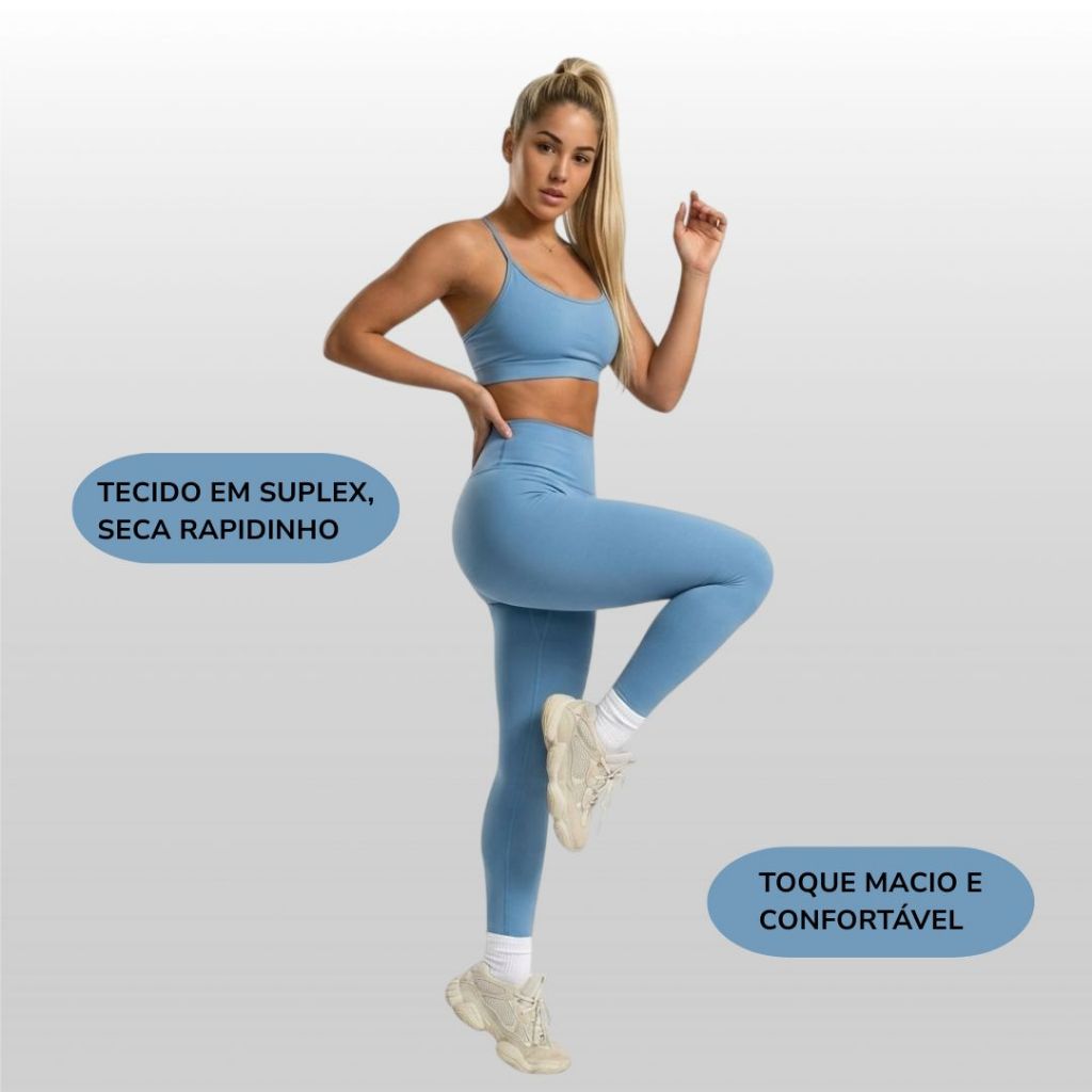 Conjunto Academia Feminino Legging Cós Alto + Top Fitness Suplex Blackout Não Transparente