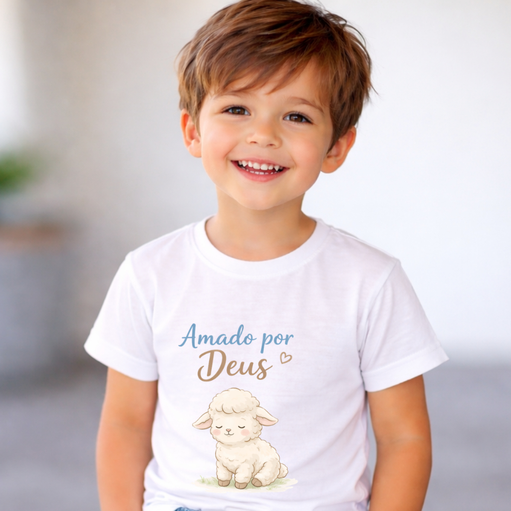 Camiseta Infantil Cristã Amado por Deus Ovelhinha | Camiseta Gospel Infantil Unissex | Roupa Cristã para Criança