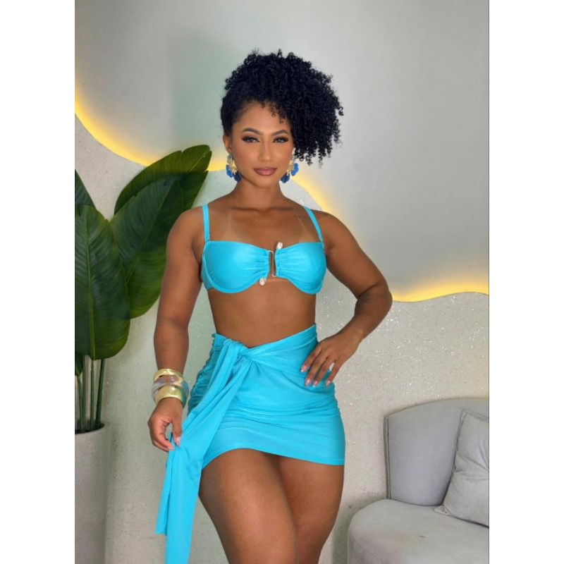 Conjunto Biquíni Feminino com Saída Curta Luxo com Metal | Moda Praia Verão Elegante 3 Peças em Oferta na Shopee