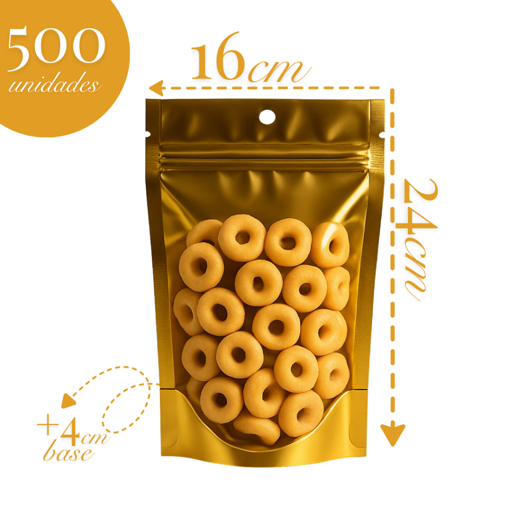 Saco Stand Up Pouch 16X24 C/ 500 Un Zip Visor Dourado Laminado Metalizado