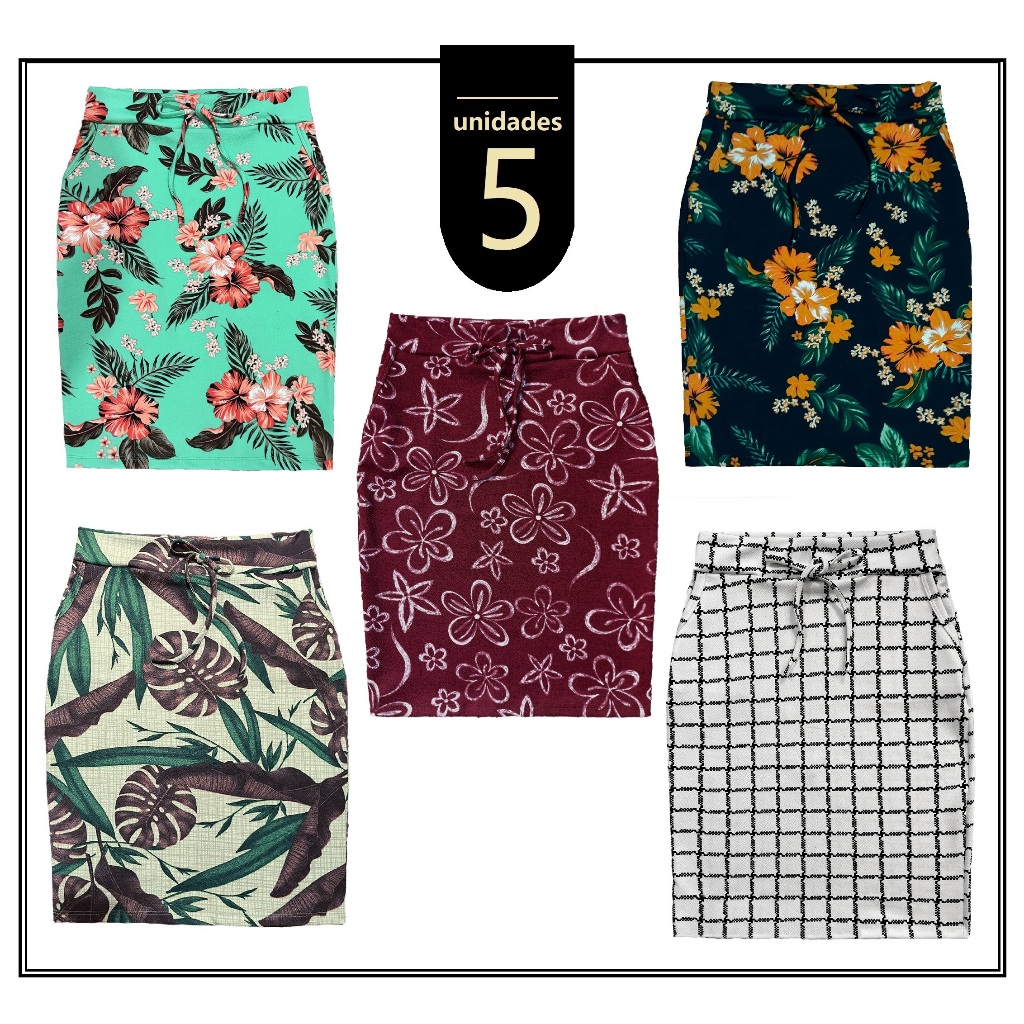 kit 5 Saias Lápis Estampada Floral Linda Moda Evangélica  Elegante em Oferta na Shopee