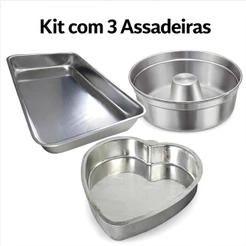 Kit 3 Formas Forma de Bolo Coração, Forma Retangular e Forma de Pudim Para Bolos de Até 1kg em Alumínio Reforçado