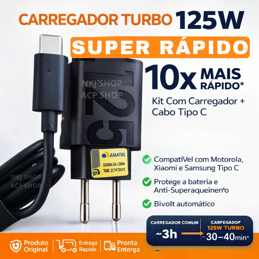 Kit Carregador Turbo Cabo Tipo C 125w Super Rápido Power Compatível Motorola para Celular Preto Bivolt Carrega 10x rápid