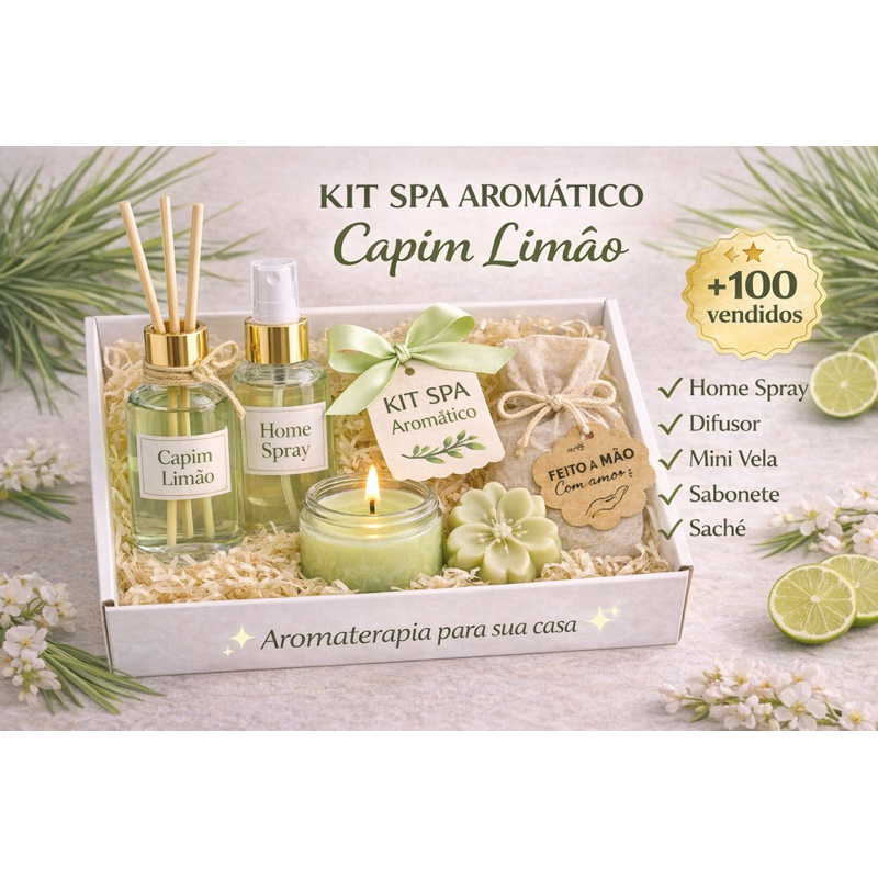 Kit Spa Aromático Capim Limão – Difusor, Home Spray, Vela e Sabonete | Presente Natural e Relaxante