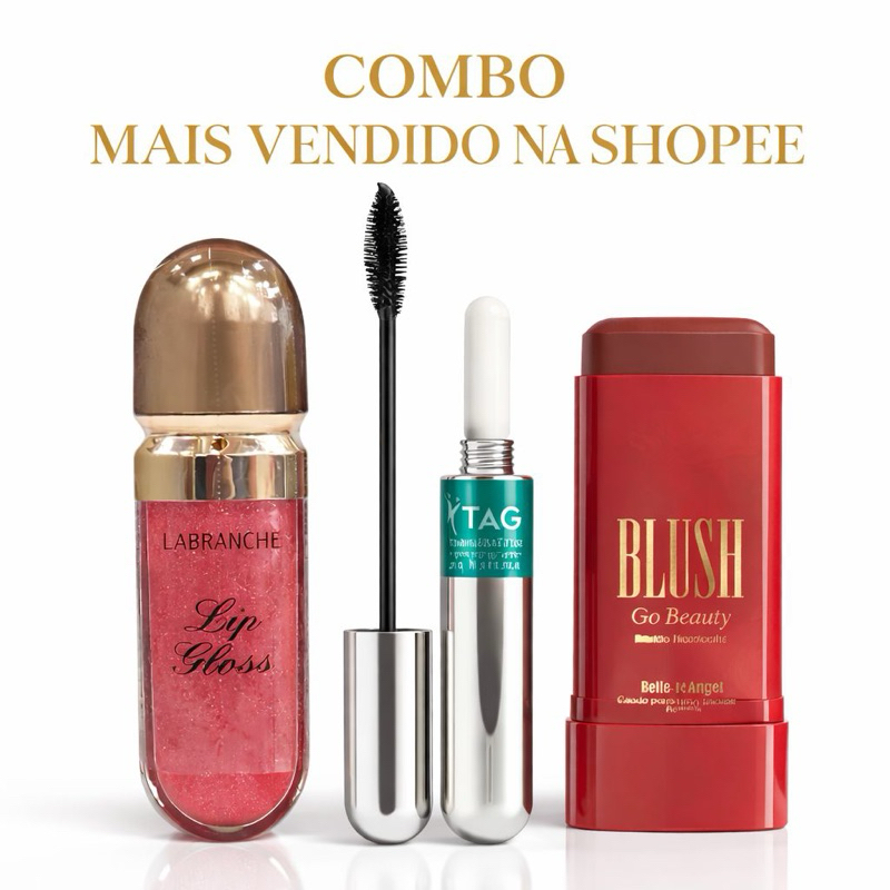 Kit Maquiagem Completa 3 Itens Gloss Labial + Máscara de Cílios 2 em 1 + Blush Bastão Hidratante Longa Duração Combo
