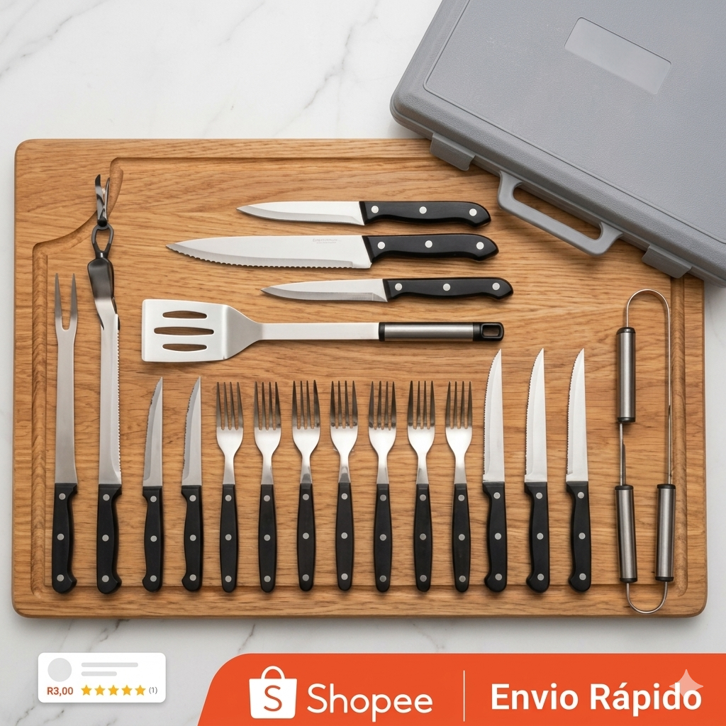 Kit Churrasco Profissional 20 Peças Aço Inox Com Maleta - Conjunto Completo de Facas e Utensílios para Churrasqueiro