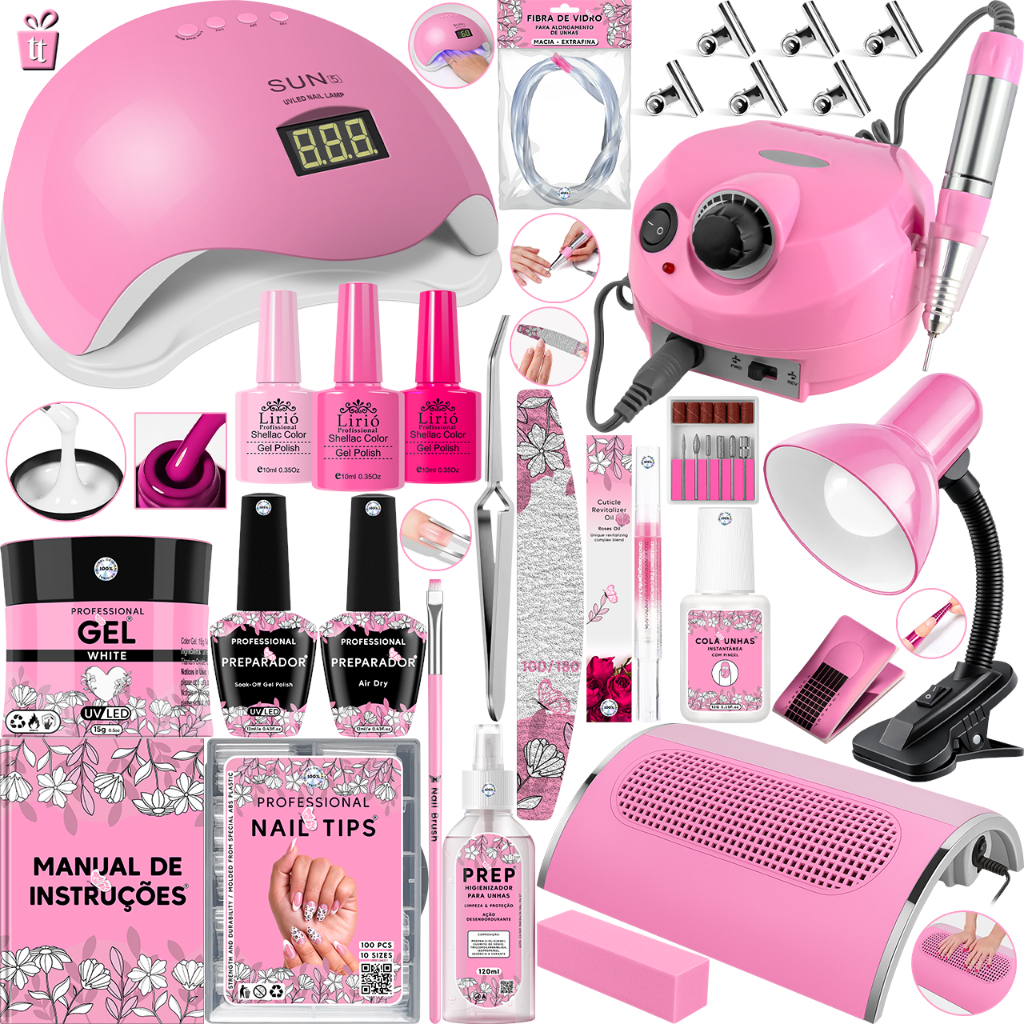 Kit Manicure Completo Cabine Sun 5 Motor Lixadeira Porquinho Coletor Aspirador Sugador 3 Cooler Luminária de Presilha
