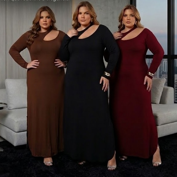 Vestido Longo Feminino Plus Size Inverno Manga Longa Decote Assimétrico Frio