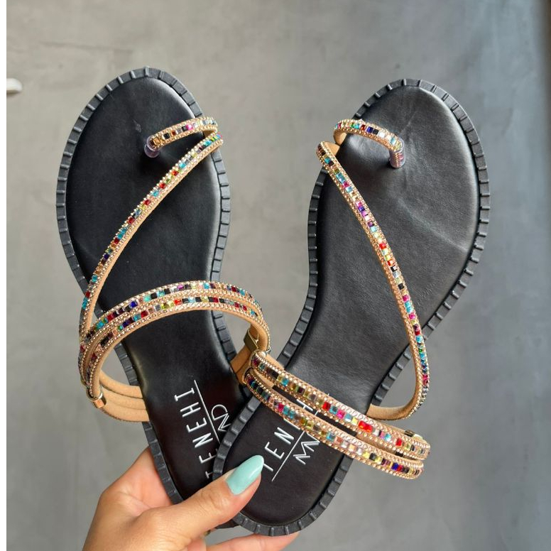 Sandália Feminino Brilho Colorido Ajustável Confortável Lançamento Verão Chinelo Casual Flat Promoção