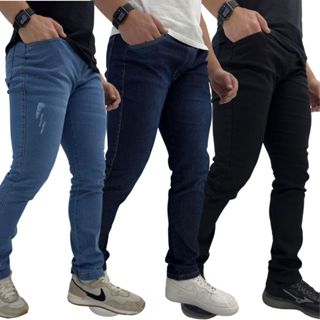 Kit com 3 Calças Jeans Masculina Premium Skinny Corte tradicional Basico com Lycra Lavagem Clara Escura ou Preta em Oferta na Shopee