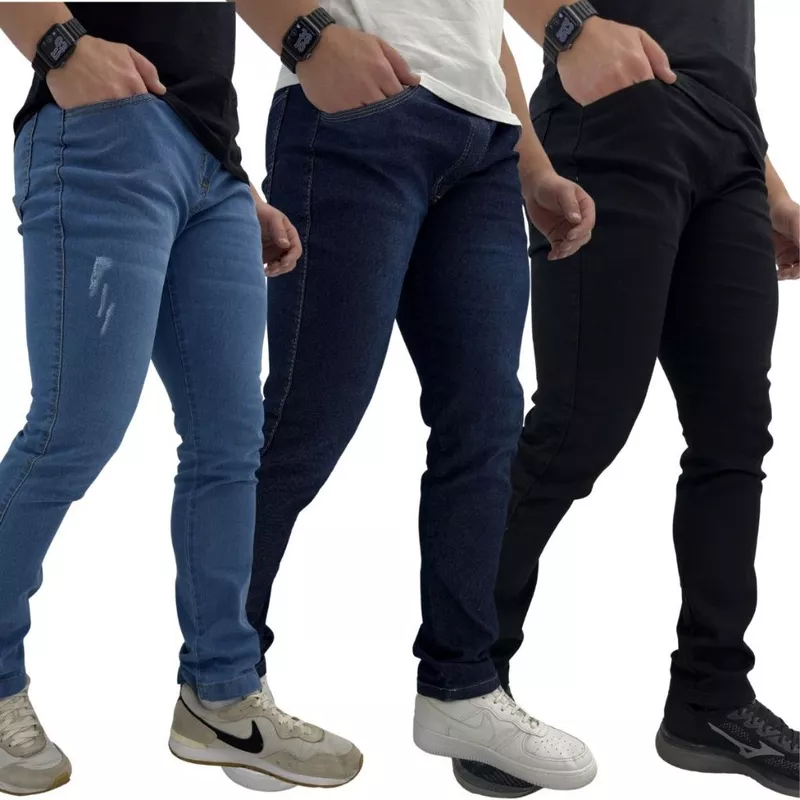 Kit com 3 Calças Jeans Masculina Premium Skinny Corte tradicional Basico com Lycra Lavagem Clara Escura ou Preta
