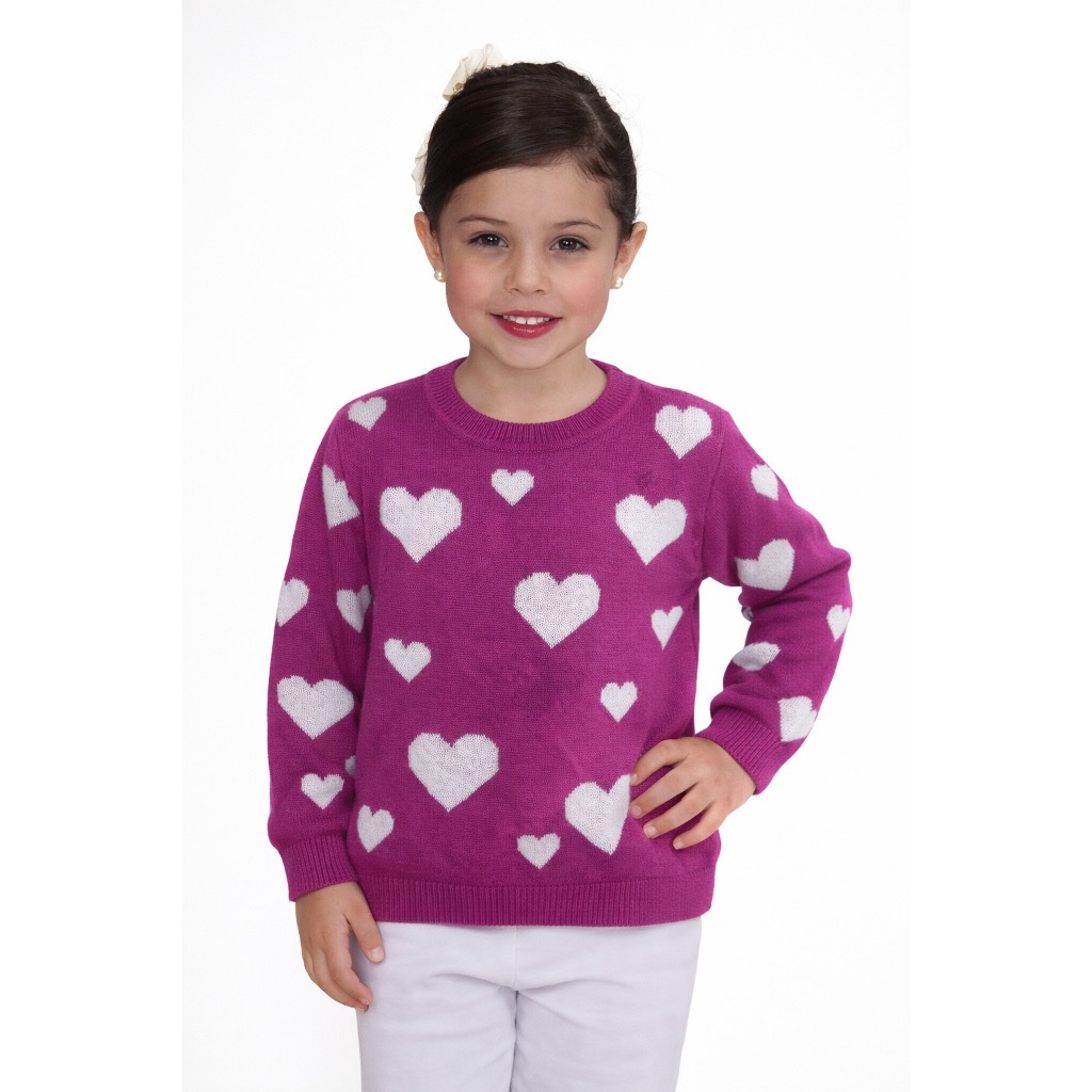 Blusa suéter infantil menina coração em trico inverno tricot