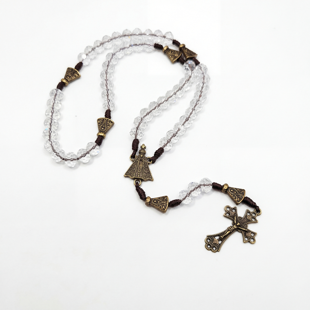 Terço Católico Nossa Senhora Aparecida Madeira ou Cristal 8mm Artesanal Ouro Velho