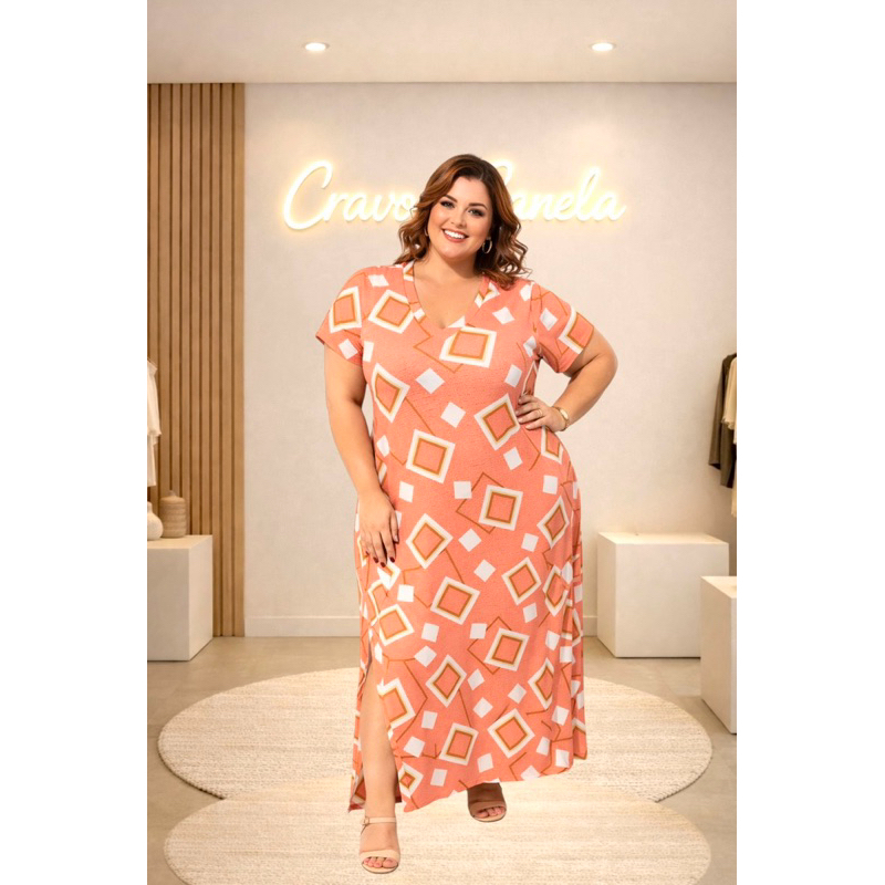 Vestido Longo Feminino Plus Size Decote V com Fenda Lateral vestido Elegante Estampado Soltinho Moda Evangélica GG/GG1