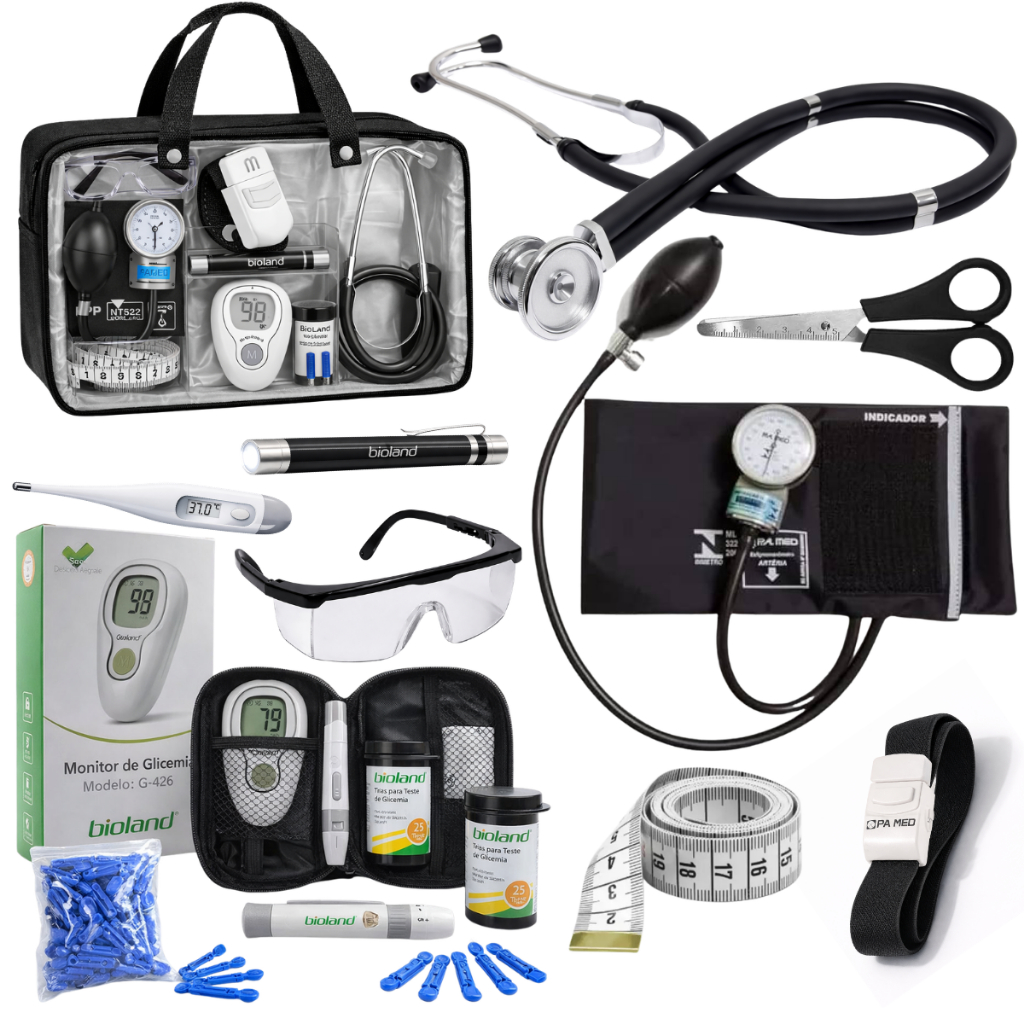 Kit Luxo de Enfermagem 10 itens C/ Estetoscópio Duplo Rappaport/ Esfigmomanômetro