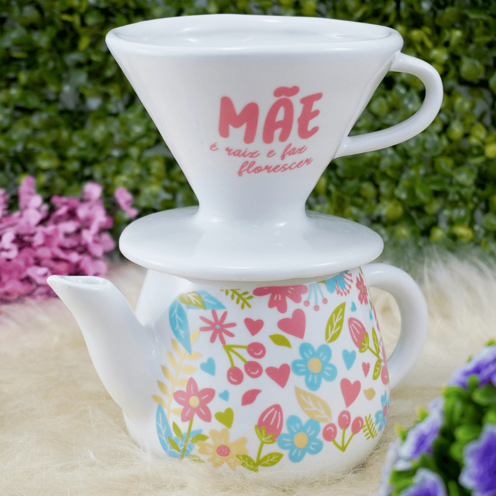 Kit Coador Filtro de Porcelana Bule De 500 ml Branco Mãe é Raiz Floral Café Mesa Posta em Oferta na Shopee