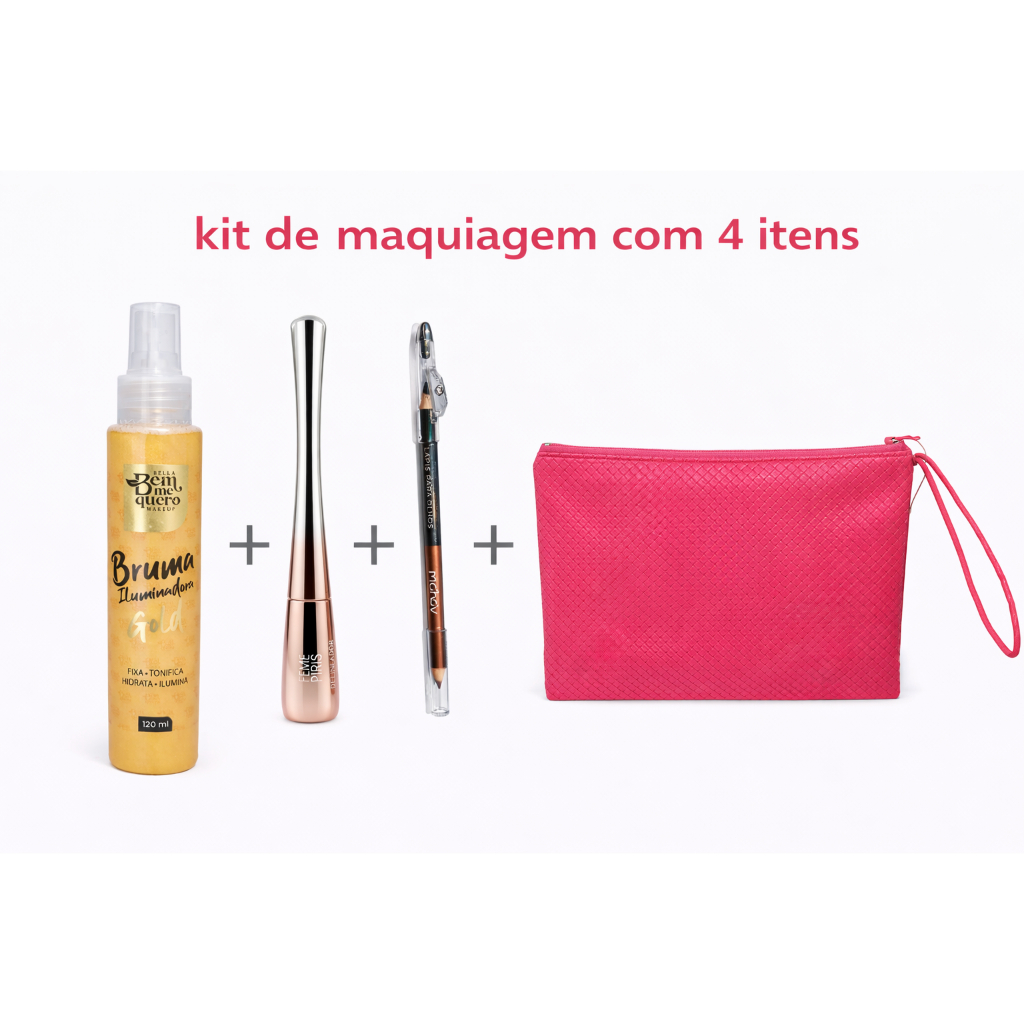 Kit Maquiagem Completo 4 Itens com Bruma Iluminadora +Delineador +Lápis de Olho +Necessaire