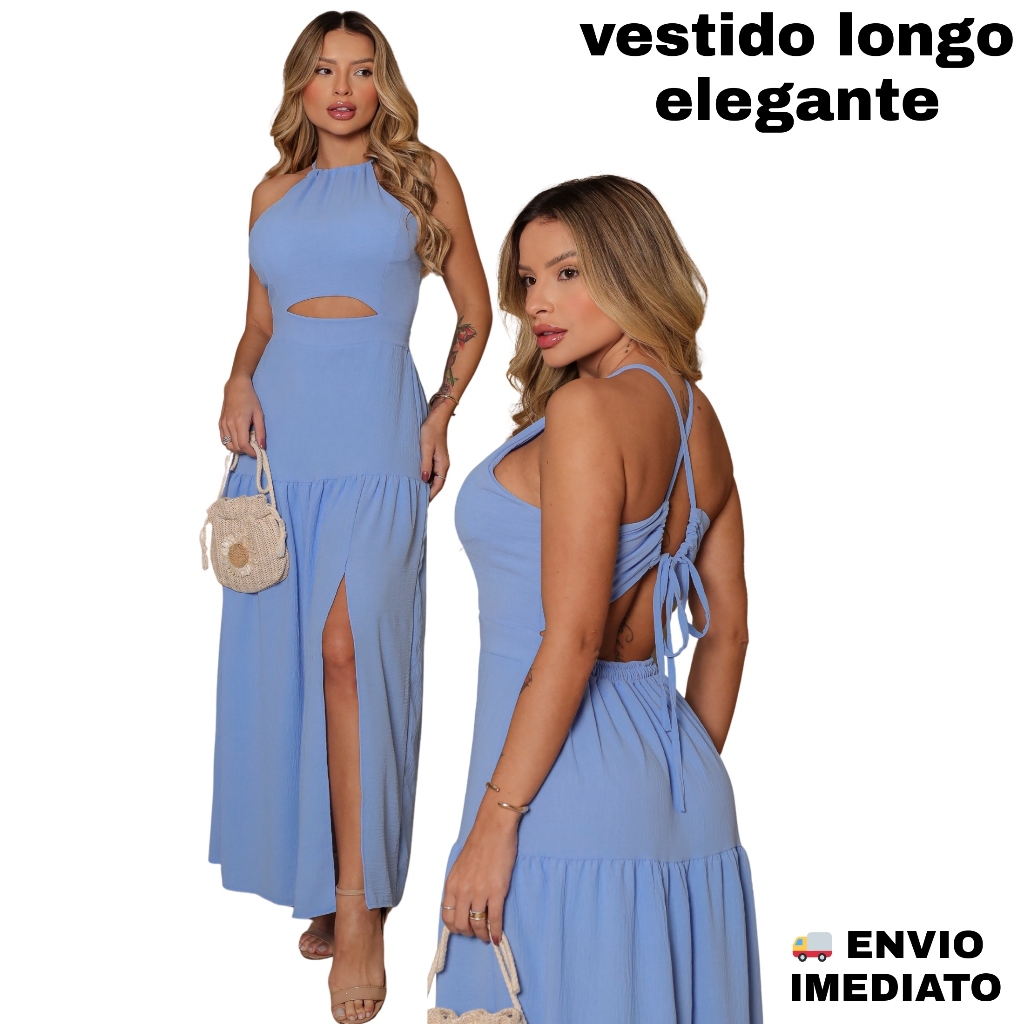 Vestido Longo Feminino Elegante com Bojo | Recorte Frontal | Costas Transpassadas | Tecido Duna Premium | Festa Casual em Oferta na Shopee