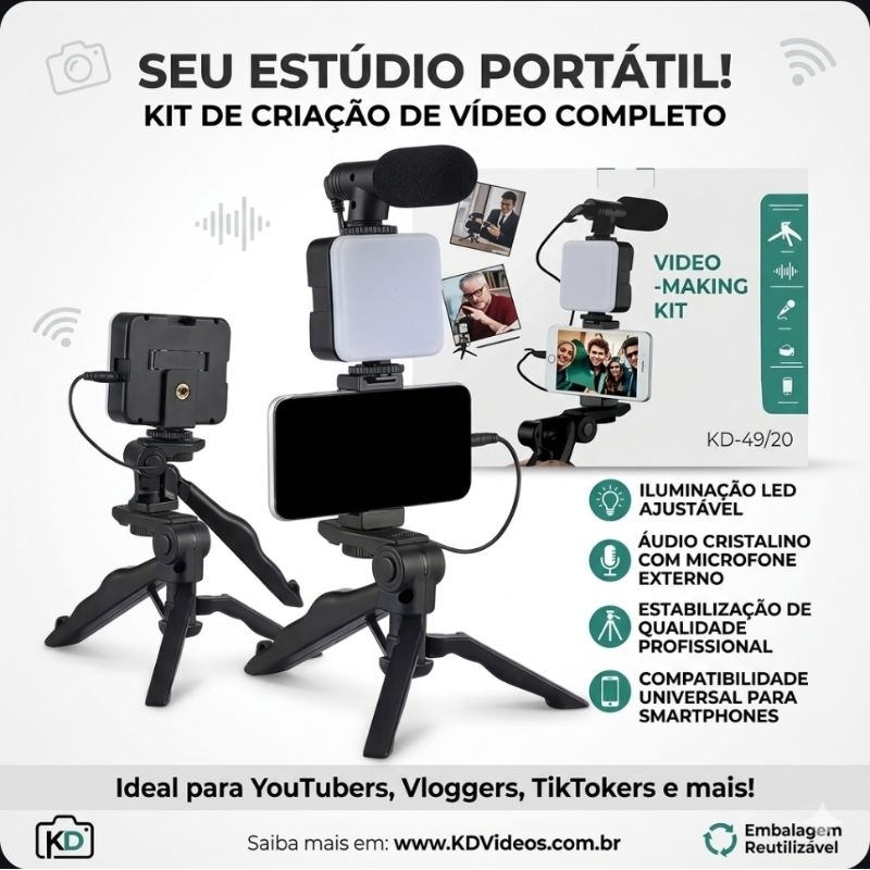 Suporte para Celular com Tripé Luz LED para Streaming Podcast Self com Microfone T&Z