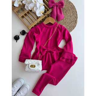 Conjunto Infantil Canelado Laço com Manga Frufru | Exclusivo do 4 ao 12 Outono Inverno em Oferta na Shopee