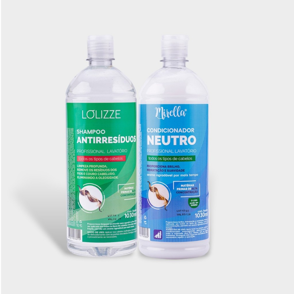 Kit Shampoo Antirresíduos e Condicionador Neutro 1L Profissional Lavatório Salão de Beleza/Limpeza Profunda - Lolizze
