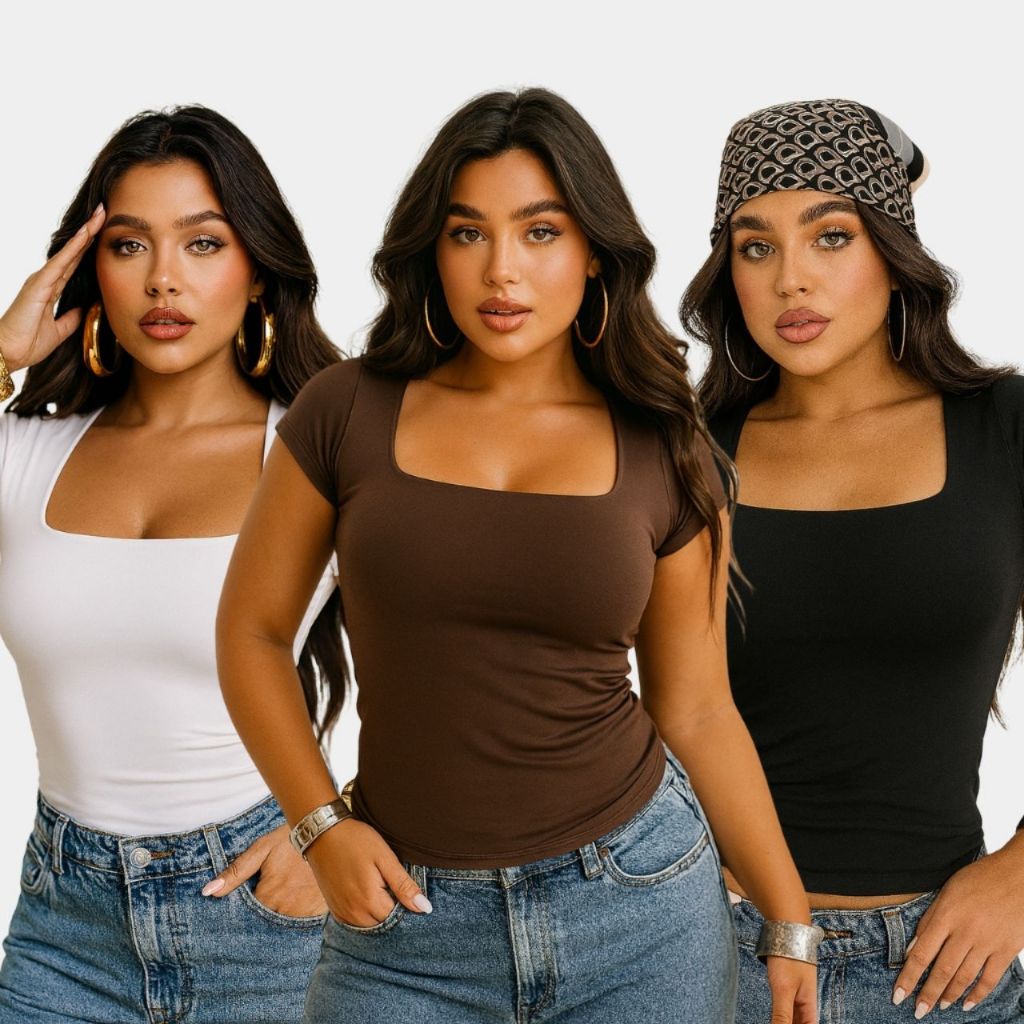 Kit 3 Blusa Feminina Baby Look Manga Curta Gola Quadrada Lisa Básica Suplex PREMIUM Moda Casual Versátil Envio Já