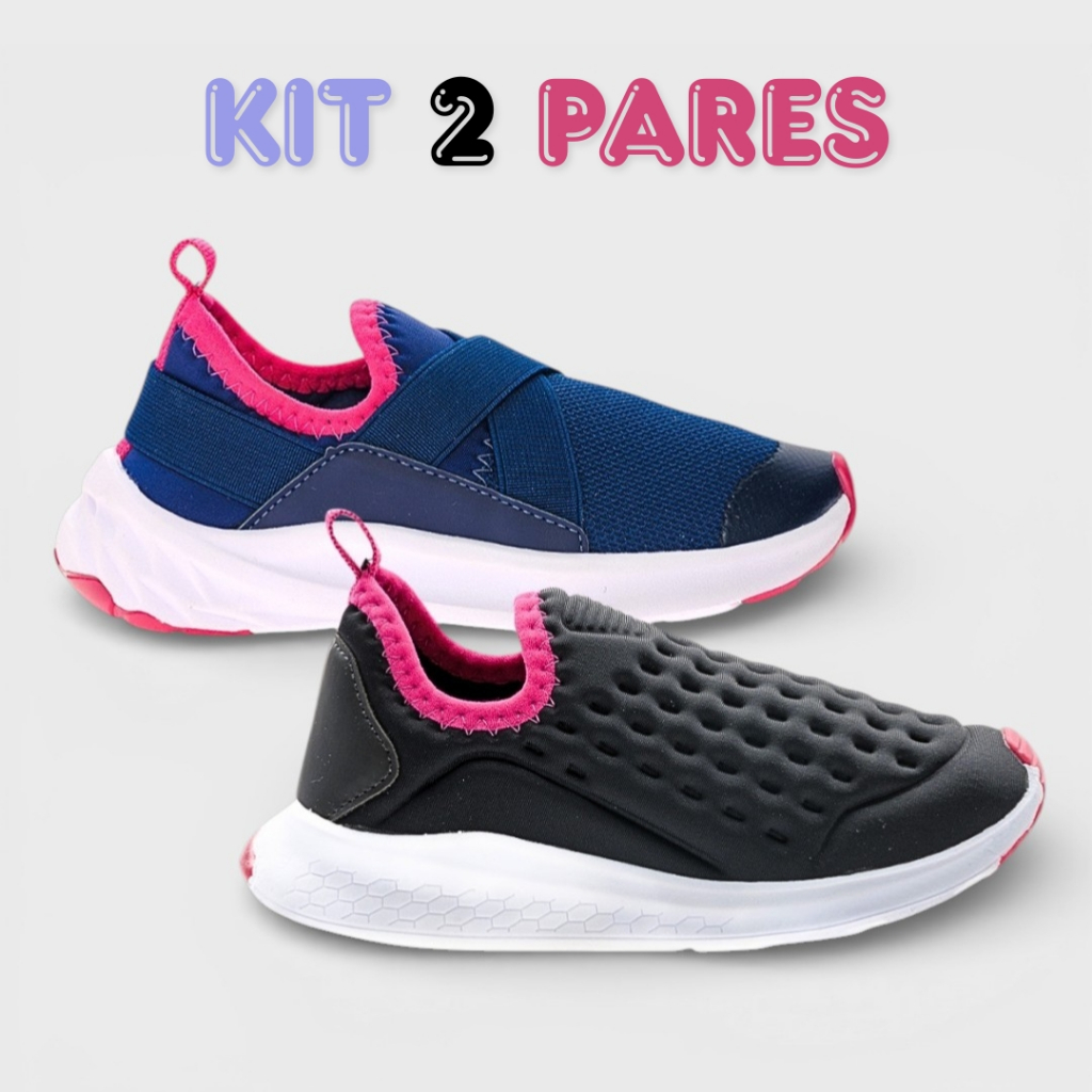 Kit 2 Pares Tênis Infantil Feminino Menina Delicado Calce Fácil Escolar Confortável Promoção