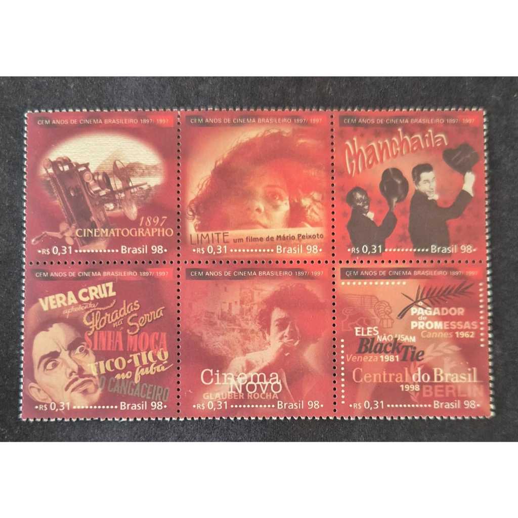 Selos dos correios -  sextilha dos100 anos do cinema brasileiro - selos novos - 1998 - Filatelia