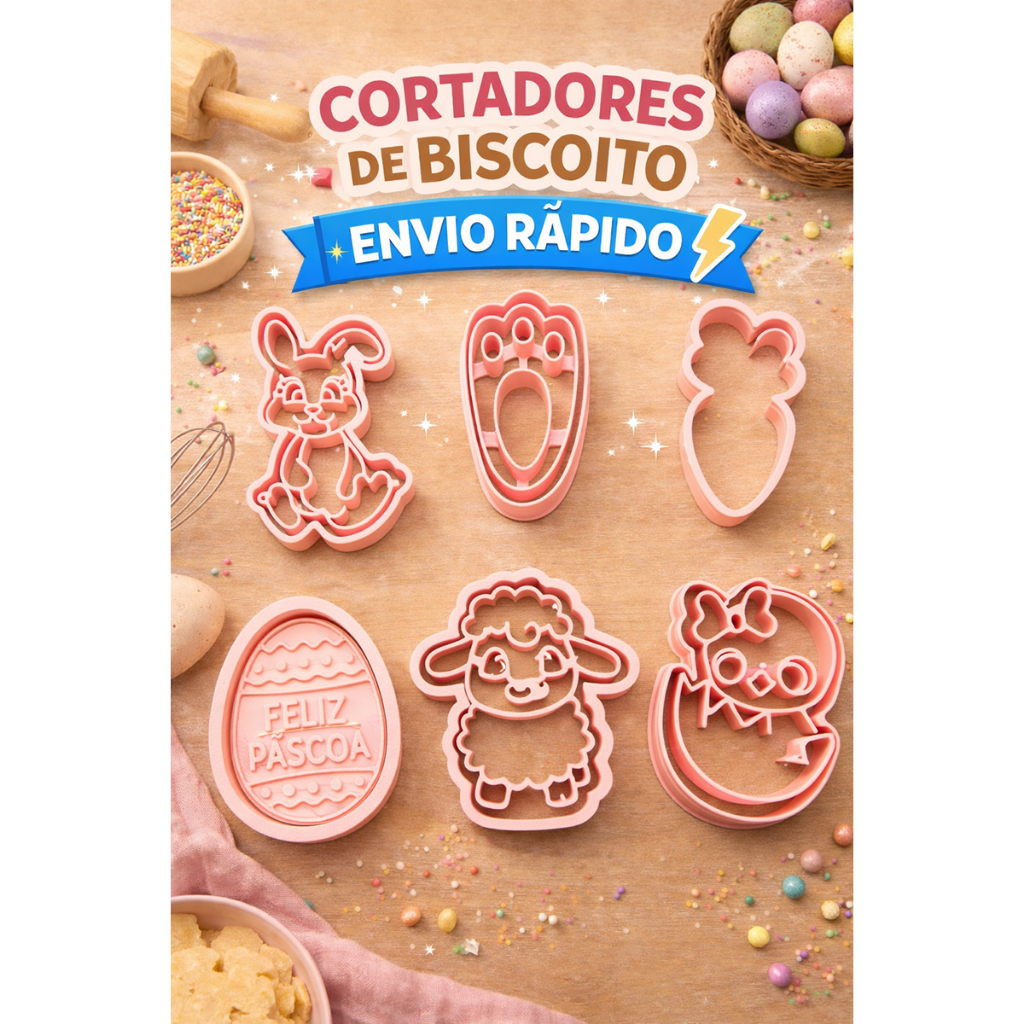 Kit Cortador de Biscoito Páscoa 3D Coelho Cenoura Ovo Ovelha Pintinho | Molde Cookie Confeitaria