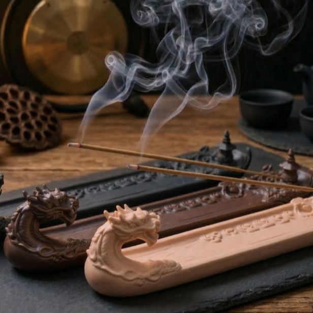 Imagem Porta Incenso Incensário Dragão Decoração Zen Yoga Meditação Aromaterapia Cascata Fumaça Cores Kit