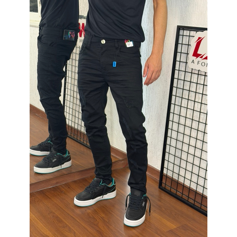 CALÇA JOGADOR PRETA BÁSICA COM RASGOS CITY DENIM (00) em Oferta na Shopee
