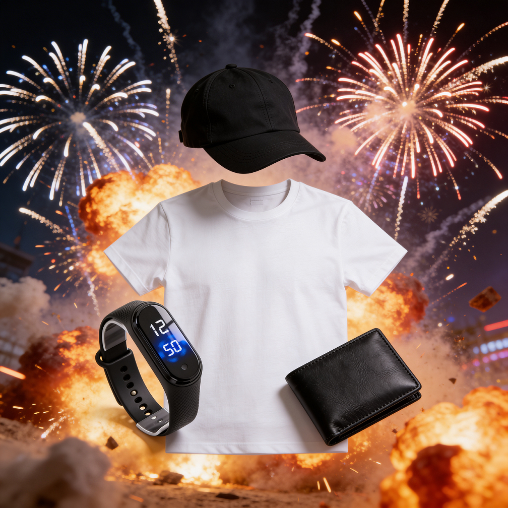 Kit Masculino 4 Peças Smart Band + Camiseta Branca + Boné Preto + Carteira Casual Básico Premium