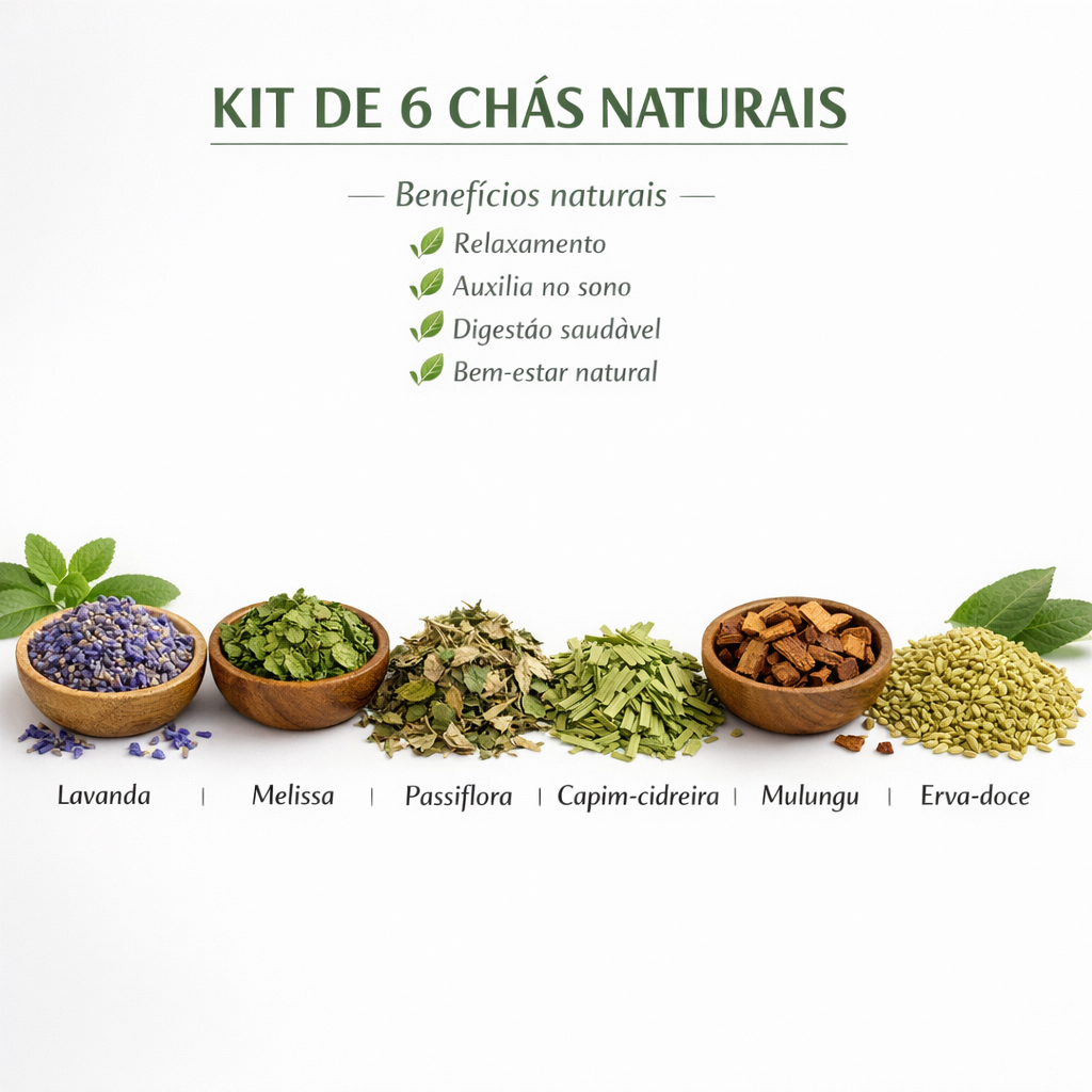 Imagem Kit 6 Chás Calmantes Naturais Lavanda Melissa Passiflora Capim Cidreira Mulungu Erva Doce Infusão Relaxante
