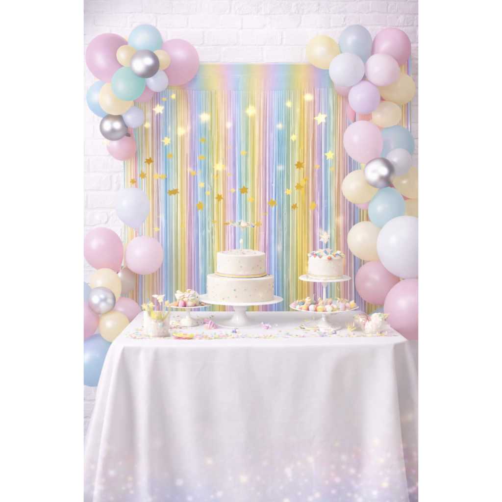 Kit Painel Festa Arco-Íris com 27 Peças Cortina Metalizada e Balões Candy Colors Decoração Aniversário Chá de Bebê