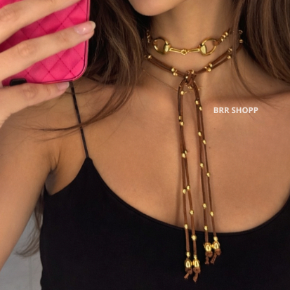 Colar Country Western Cowgirl com Bolinhas Metal Bridão em Couro Camurça Elegante em Oferta na Shopee