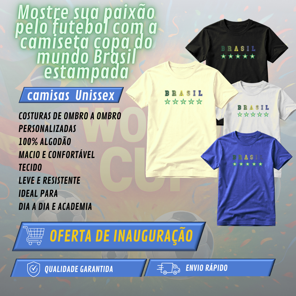 Camiseta Brasil Copa do Mundo Estampada 100% Algodão Torcida Futebol Masculina Feminina