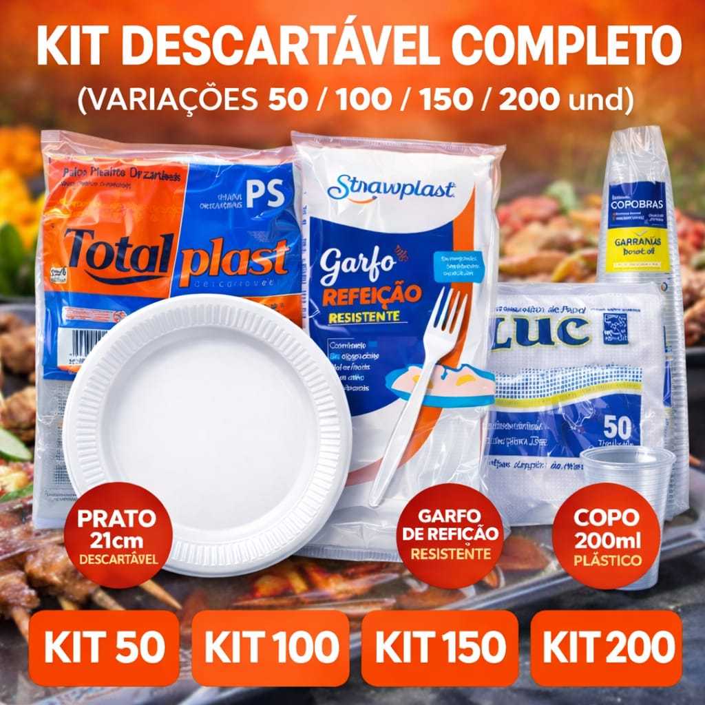 Kit Festa Descartável Para Churrasco Prato 21 Cm Refeição Garfo Resistente Copo 200ml Guardanapo em Oferta na Shopee
