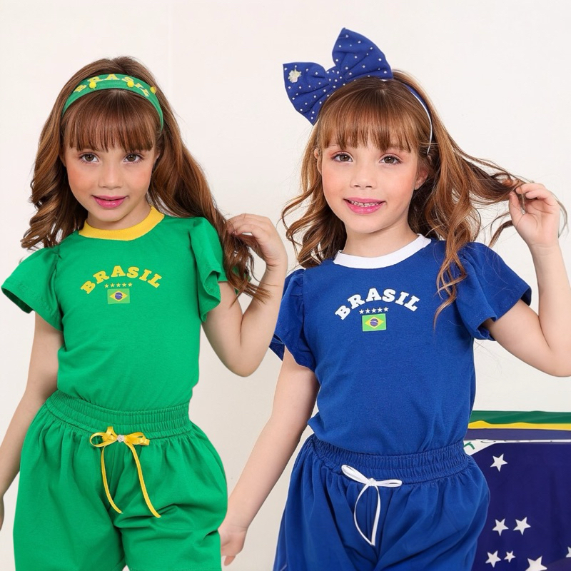 Conjunto Infantil Feminino Brasil 🇧🇷 Blusa + Short Menina Copa Torcida Roupa Infantil Tamanhos 2 4 6 8 10 Anos em Oferta na Shopee