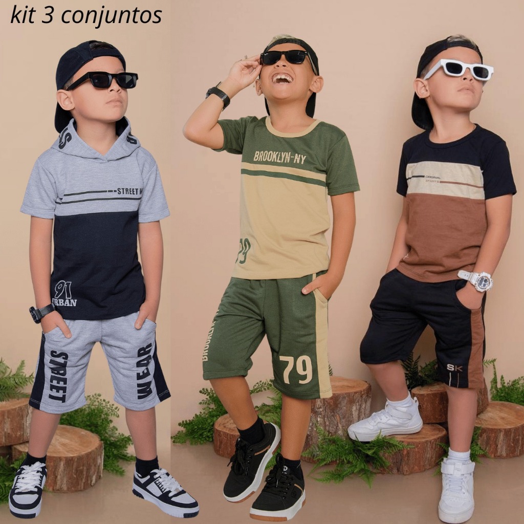 Roupa Masculino Infantil Lançamento Kit Com 6 Peças 3 Camisas e 3 Bermudas Veste Do 2 ao 14 Anos