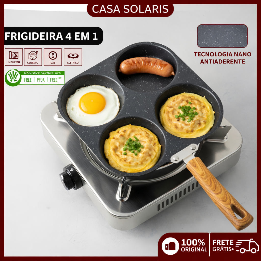 Frigideira Multifuncional Antiaderente 3 ou 4 Furos para Ovos Panqueca Omelete e Hambúrguer em Oferta na Shopee