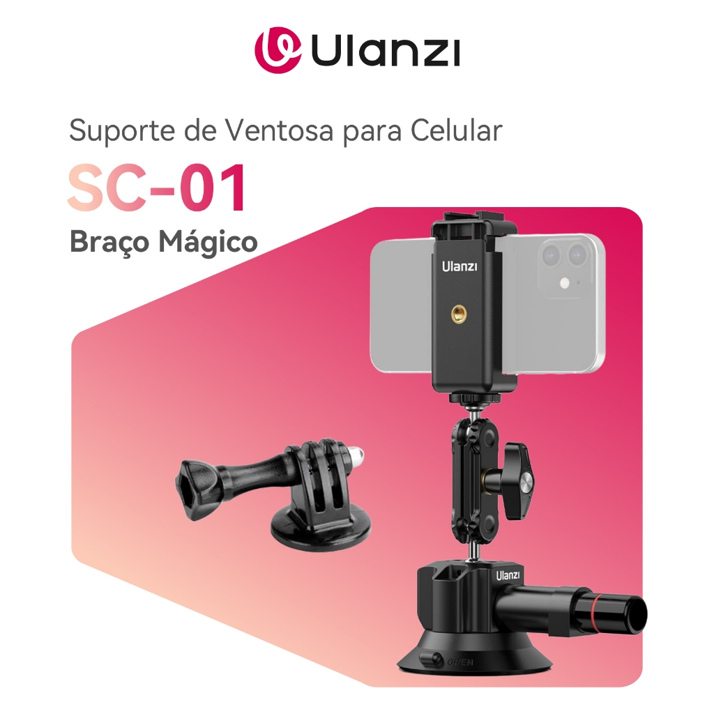 ULANZI SC-01 Suporte Ventosa Vácuo 3" Com Braço Mágico Para Câmera De Ação GoPro iPhone E Carros