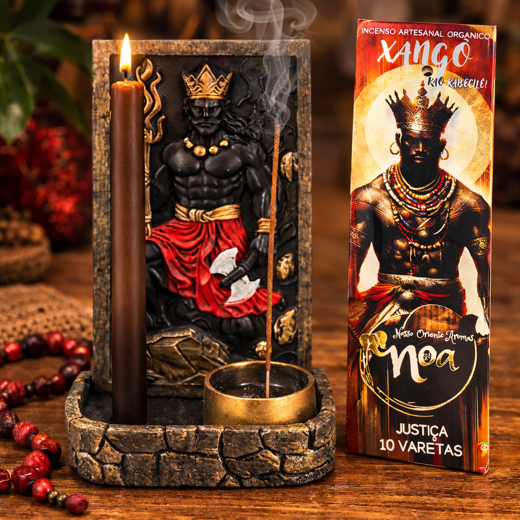 Altar Orixá Xangô com Porta Incenso e Porta Vela Decorativo Umbanda Candomblé Resina 17cm